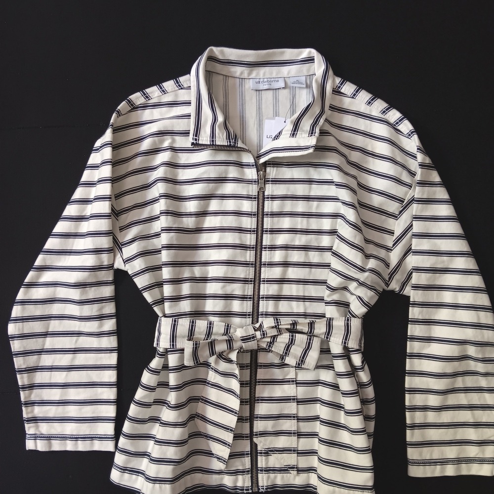 Liz Claiborne Jacket Womens PL White New Striped Zip Front Belted Cotton Coat